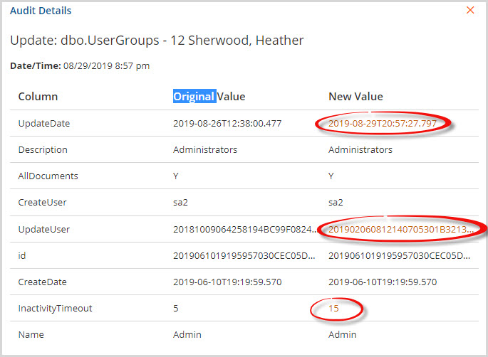 Audit Details for User Group Update