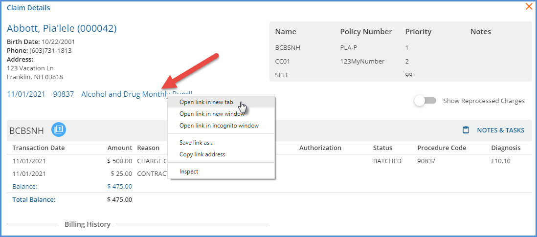 Open Service in New Tab form Claim Details