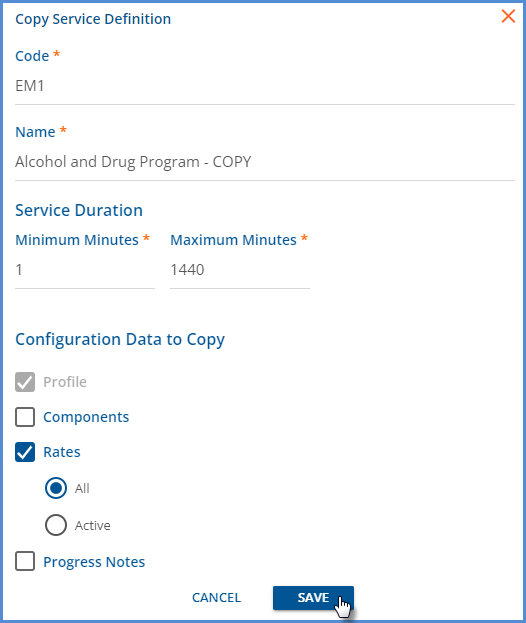 Copy Service Definition Screen