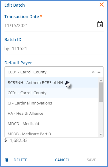 Changing the Default Payer on the Edit Batch Screen