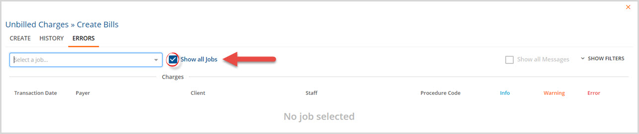 Errors Tab Show All Jobs Selection