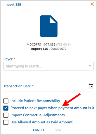 Import 835 Proceed to Next Payer When Payment is Zero