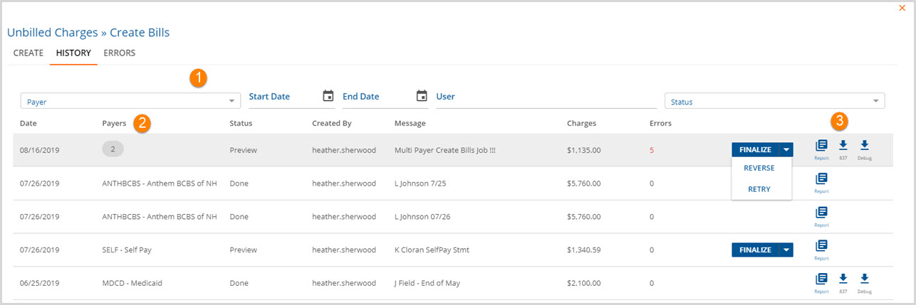 Multiple Payer Unbilled Charges History Screen