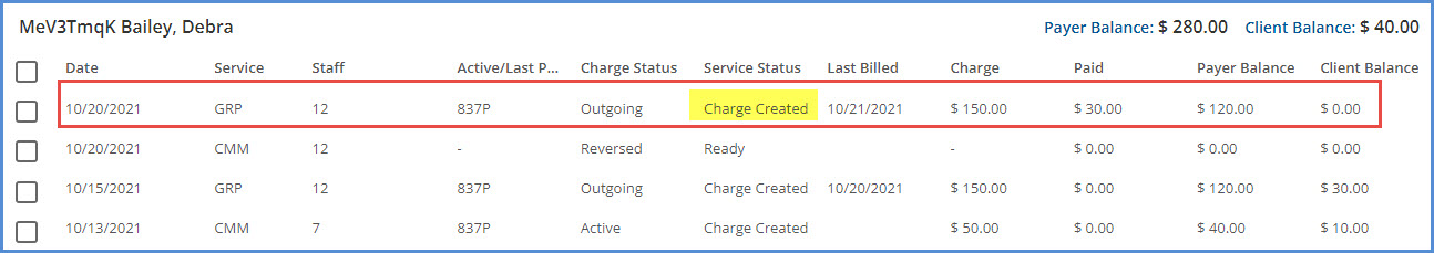 Service in Charge Created Status