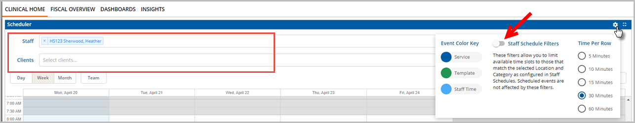 Staff Schedule Filters Toggled Off