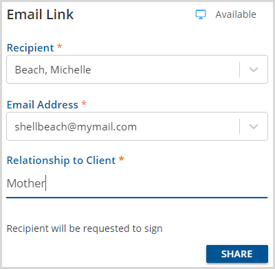 Email Link Shared with Contact, Signatures Requested