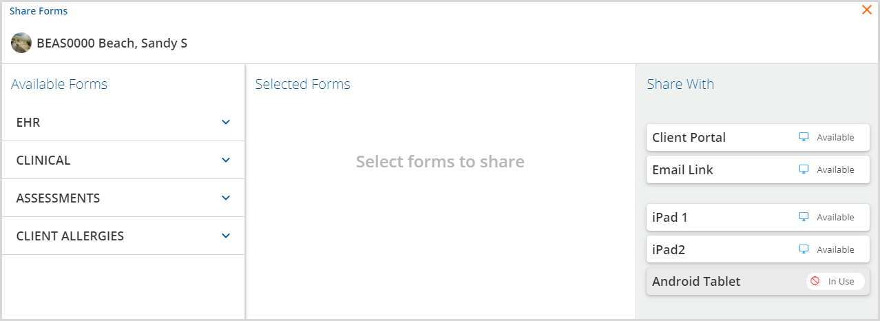 Share Forms Screen with No Forms Selected