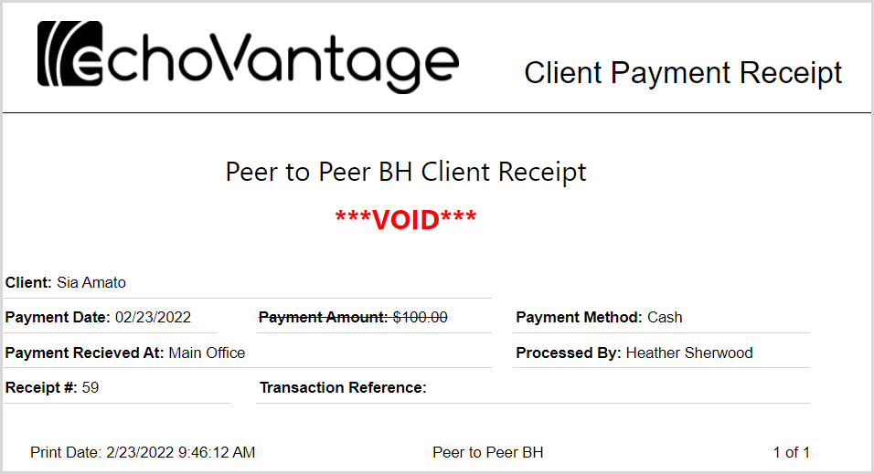 Voided Client Payment Receipt