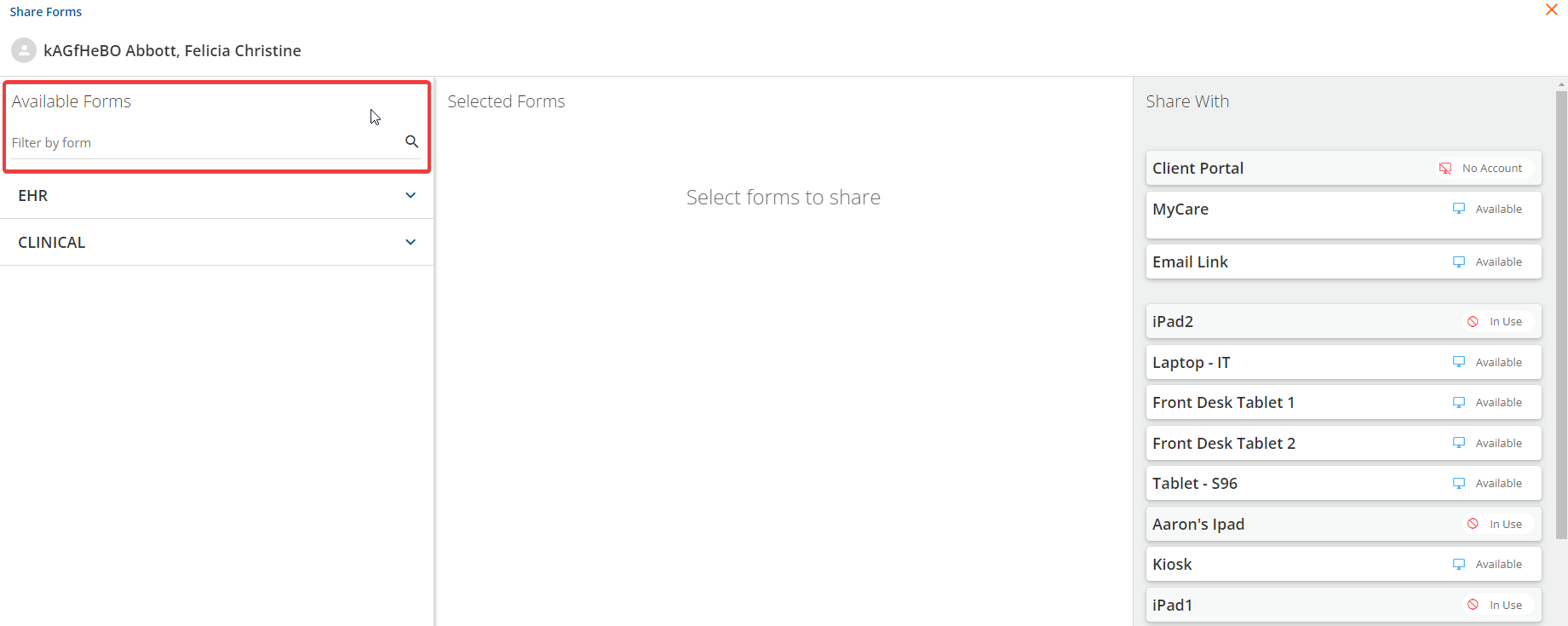 Client - Share Forms Filter Search